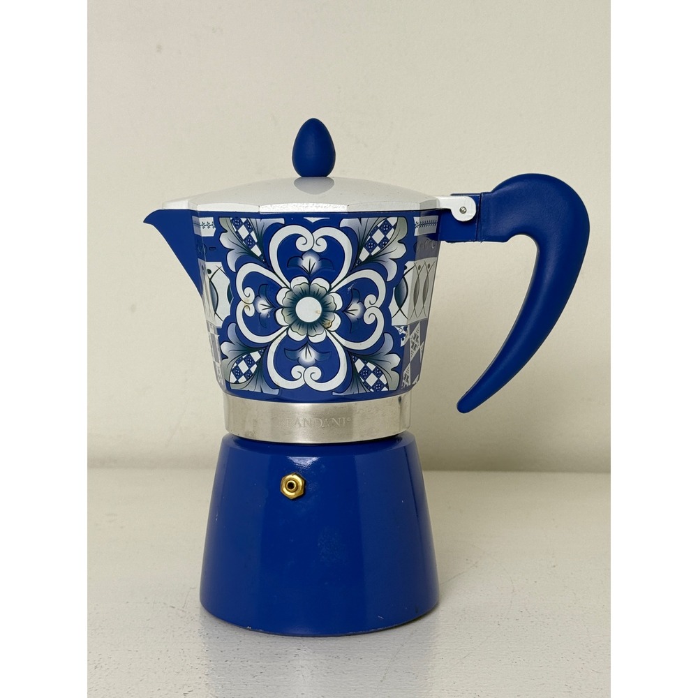 Brandani Moka Express Espresso Maker Blue White Mediterranean Tile 3 Cup Italy